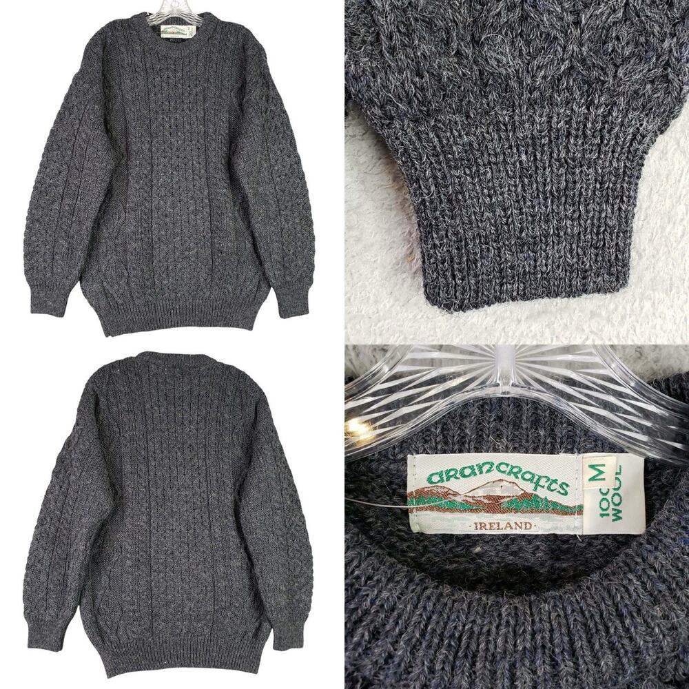 Aran Crafts Ireland Sweater Wool Men’s Size Medium M Cable Knit Gray LS